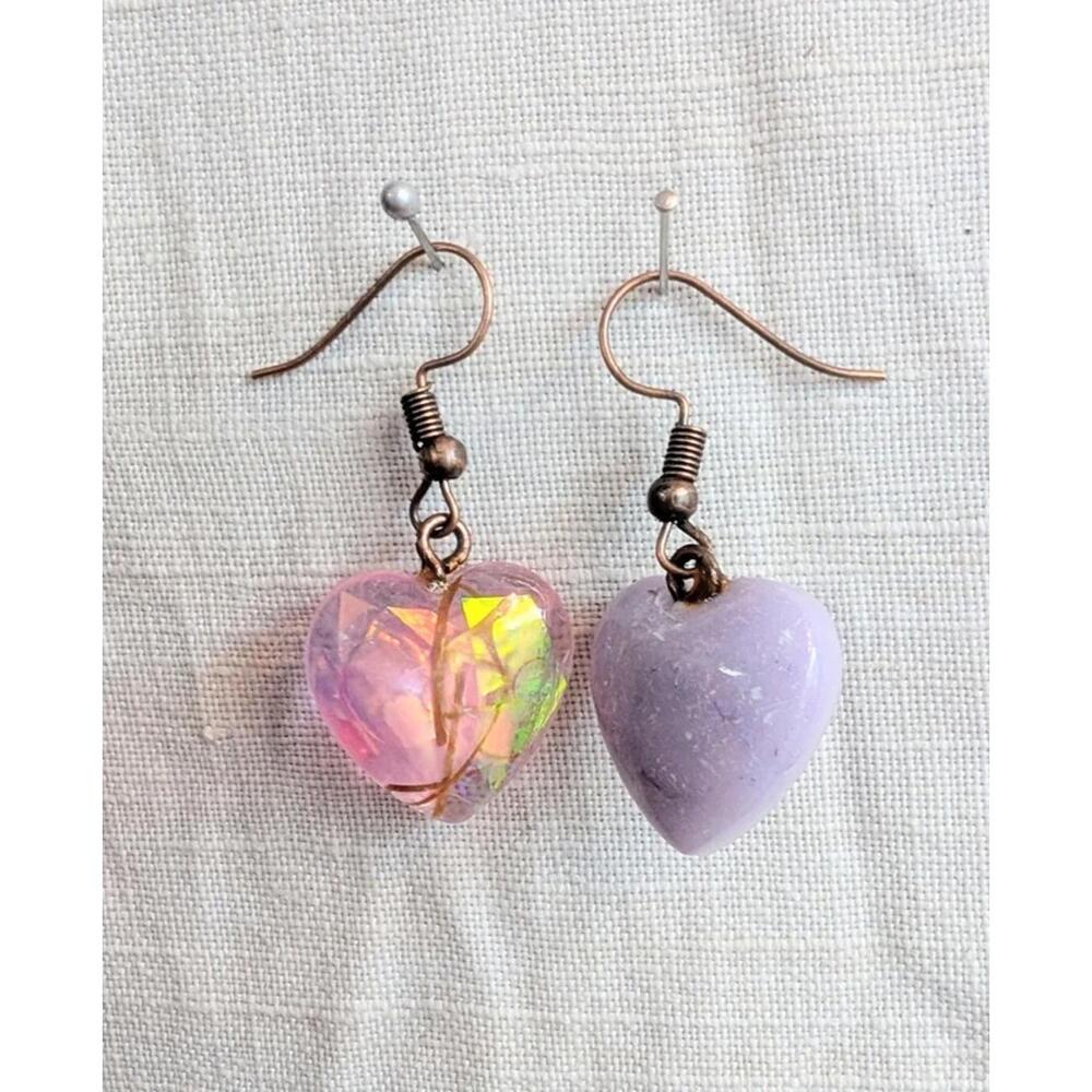 Small Dangling Purple Pink Heart Earrings